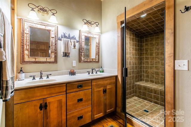 58 Great Aspen Way, Black Mountain, NC 28711 - full bathroom featuring a shower stall, double vanity, and wood finished floors