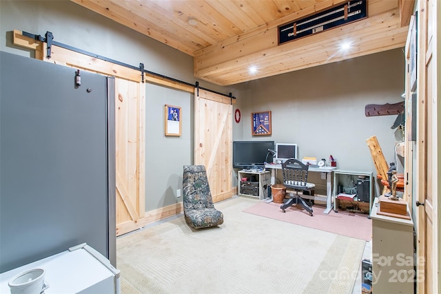 58 Great Aspen Way, Black Mountain, NC 28711 - carpeted office space featuring a barn door and wood ceiling