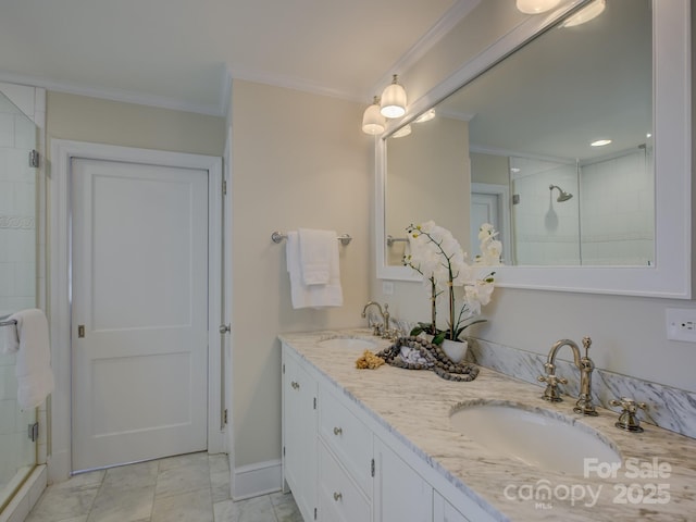 1069 Sedgefield Rd, Charlotte, NC 28209 - full bathroom with double vanity, a shower stall, ornamental molding, baseboards, and marble look tiles