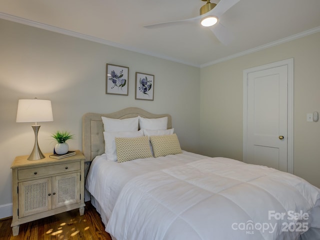 1069 Sedgefield Rd, Charlotte, NC 28209 - bedroom with ornamental molding, dark wood-style flooring, and a ceiling fan