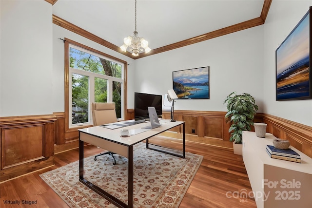 3932 Rounding Run Rd, Charlotte, NC 28277 - home office with ornamental molding, a wainscoted wall, a chandelier, and wood finished floors