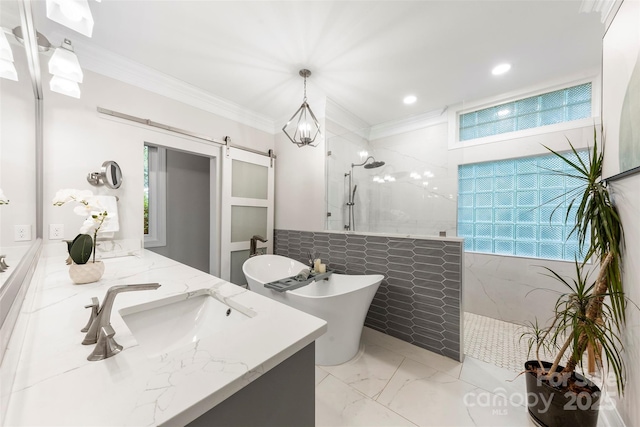 3932 Rounding Run Rd, Charlotte, NC 28277 - bathroom featuring a walk in shower, double vanity, crown molding, marble finish flooring, and a freestanding tub
