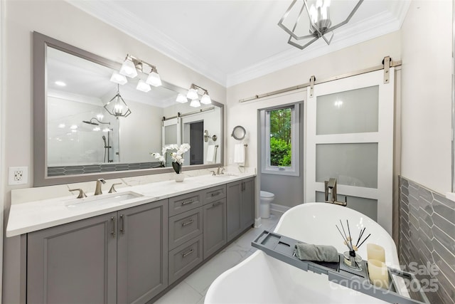 3932 Rounding Run Rd, Charlotte, NC 28277 - full bathroom with double vanity, ornamental molding, a freestanding bath, a chandelier, and toilet