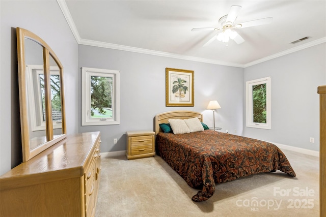 3932 Rounding Run Rd, Charlotte, NC 28277 - bedroom featuring light colored carpet, baseboards, crown molding, and a ceiling fan