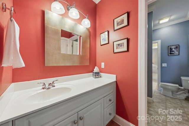 3932 Rounding Run Rd, Charlotte, NC 28277 - bathroom featuring toilet, vanity, crown molding, and baseboards