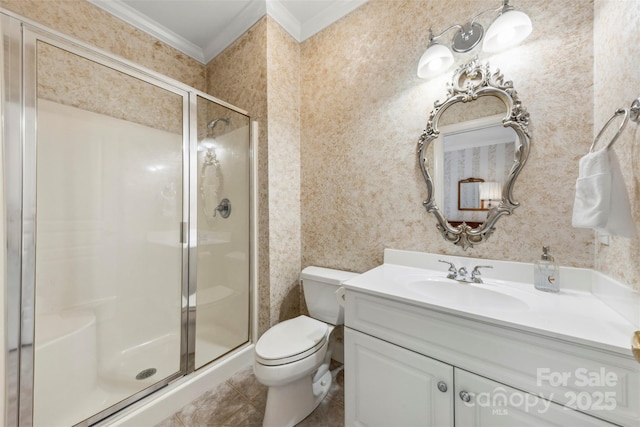 3932 Rounding Run Rd, Charlotte, NC 28277 - full bathroom featuring ornamental molding, a shower stall, vanity, toilet, and tile patterned flooring