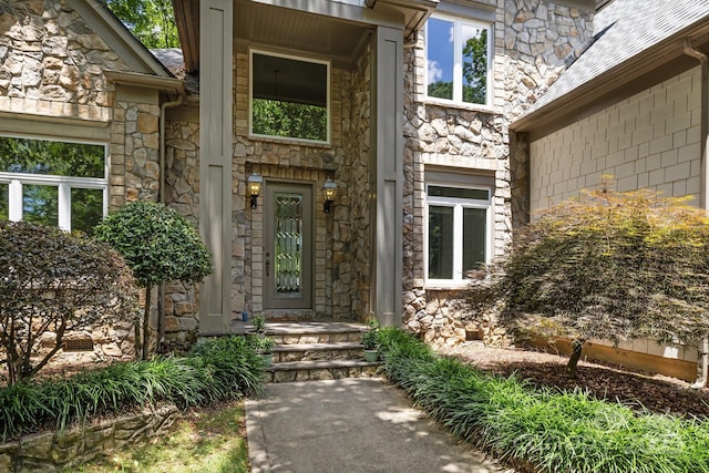 3932 Rounding Run Rd, Charlotte, NC 28277 - property entrance with stone siding and a shingled roof