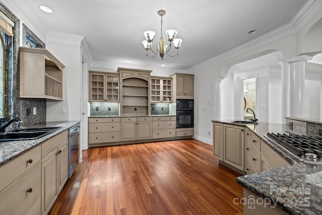 3932 Rounding Run Rd, Charlotte, NC 28277 - kitchen with open shelves, black appliances, cream cabinets, decorative columns, and ornamental molding
