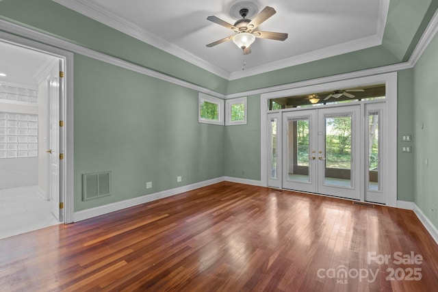 3932 Rounding Run Rd, Charlotte, NC 28277 - empty room with hardwood / wood-style flooring, a ceiling fan, ornamental molding, and french doors