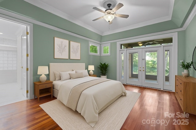 3932 Rounding Run Rd, Charlotte, NC 28277 - bedroom with access to exterior, wood finished floors, crown molding, and a ceiling fan