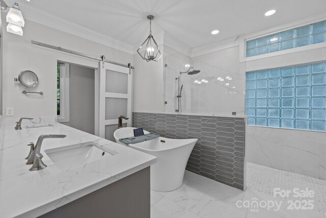 3932 Rounding Run Rd, Charlotte, NC 28277 - full bath featuring a marble finish shower, crown molding, double vanity, recessed lighting, and marble finish flooring