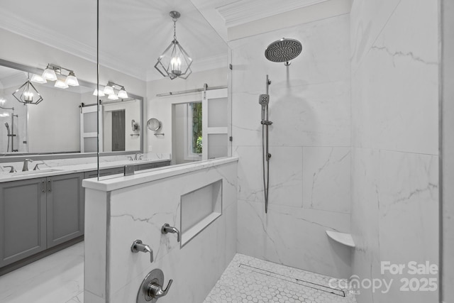 3932 Rounding Run Rd, Charlotte, NC 28277 - bathroom featuring crown molding, a marble finish shower, vanity, and marble look tile flooring