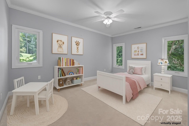 3932 Rounding Run Rd, Charlotte, NC 28277 - bedroom with multiple windows, light colored carpet, ornamental molding, and ceiling fan