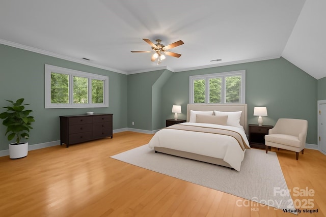 3932 Rounding Run Rd, Charlotte, NC 28277 - bedroom featuring wood finished floors, ceiling fan, crown molding, and lofted ceiling