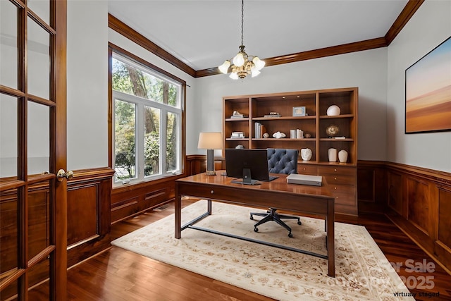 3932 Rounding Run Rd, Charlotte, NC 28277 - office space with a wainscoted wall, a chandelier, ornamental molding, and dark wood finished floors