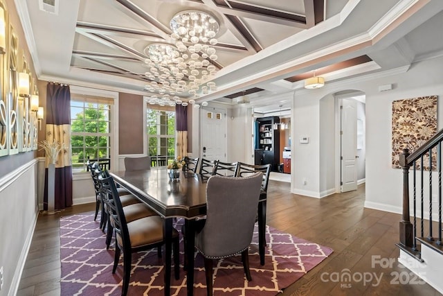8514 Ellington Park Dr, Charlotte, NC 28277 - dining space featuring a chandelier, coffered ceiling, crown molding, stairway, and arched walkways
