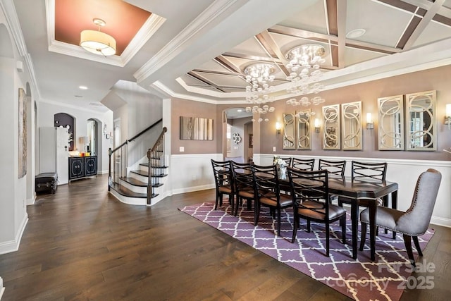 8514 Ellington Park Dr, Charlotte, NC 28277 - dining area with arched walkways, coffered ceiling, stairway, dark wood-type flooring, and a chandelier