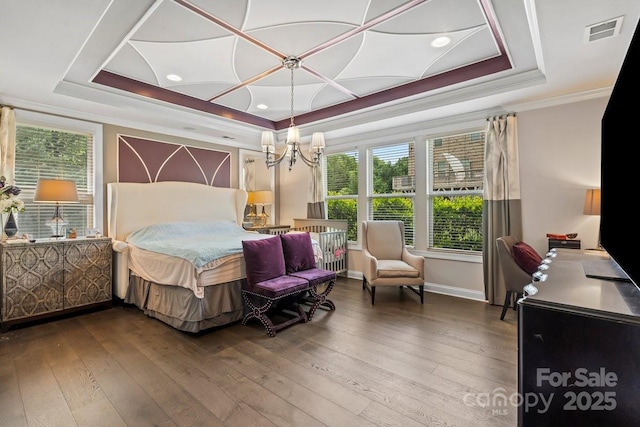 8514 Ellington Park Dr, Charlotte, NC 28277 - bedroom featuring a tray ceiling, crown molding, hardwood / wood-style flooring, a chandelier, and recessed lighting