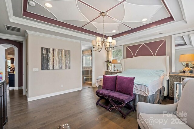 8514 Ellington Park Dr, Charlotte, NC 28277 - bedroom featuring ornamental molding, a raised ceiling, baseboards, arched walkways, and wood finished floors