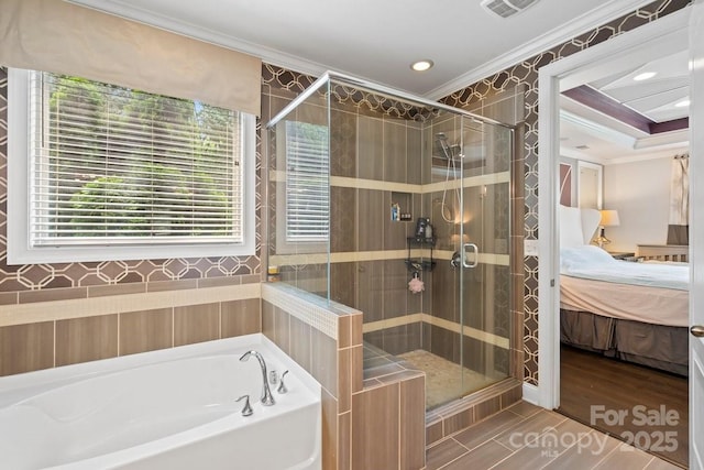 8514 Ellington Park Dr, Charlotte, NC 28277 - full bath featuring crown molding, ensuite bathroom, a bath, a stall shower, and wallpapered walls