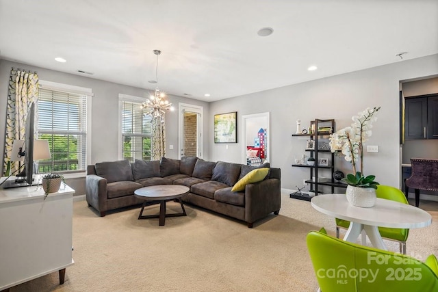 8514 Ellington Park Dr, Charlotte, NC 28277 - living area with light colored carpet, a chandelier, recessed lighting, and baseboards