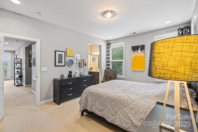 8514 Ellington Park Dr, Charlotte, NC 28277 - bedroom with light colored carpet, baseboards, recessed lighting, and ensuite bath