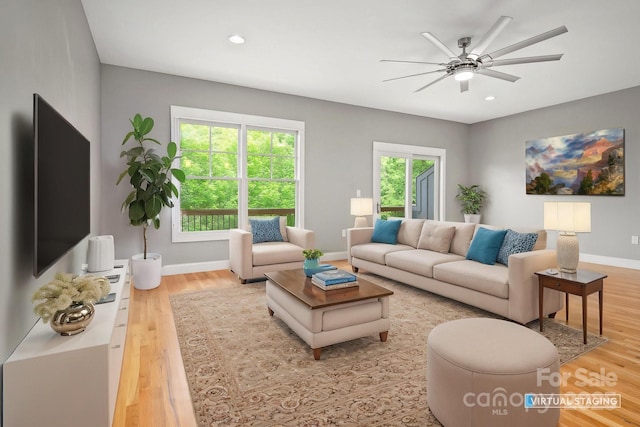 200 N Skyloft Dr Unit 2, Asheville, NC 28801 - living area featuring light wood finished floors, ceiling fan, baseboards, and recessed lighting