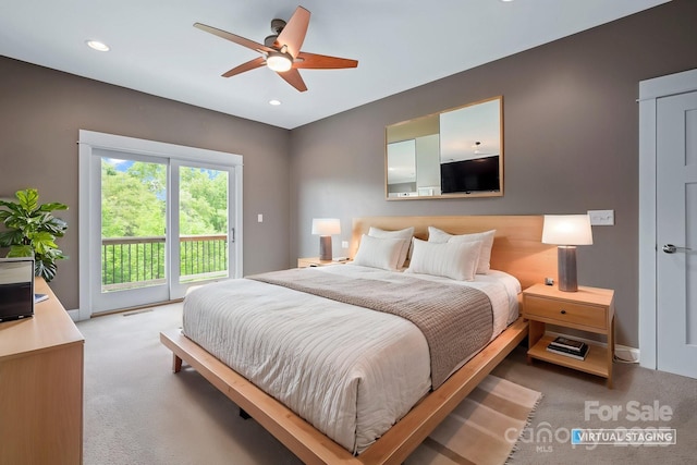 200 N Skyloft Dr Unit 2, Asheville, NC 28801 - bedroom with light colored carpet, access to exterior, baseboards, recessed lighting, and ceiling fan