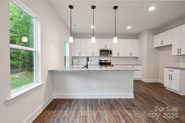 746 Shasta St NW, Concord, NC 28027 - kitchen featuring stainless steel appliances, decorative backsplash, white cabinetry, dark wood-type flooring, and recessed lighting