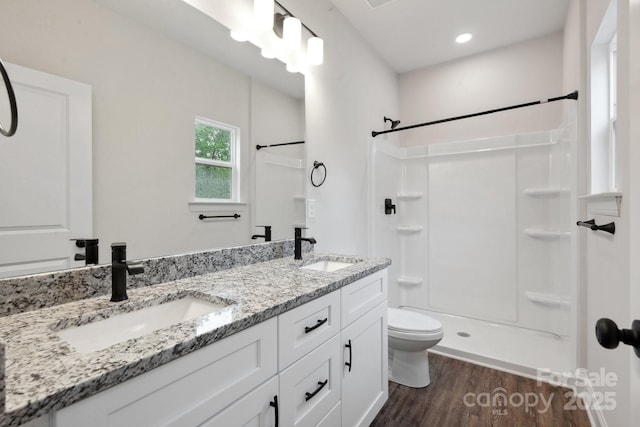 746 Shasta St NW, Concord, NC 28027 - bathroom with toilet, a shower, wood finished floors, double vanity, and recessed lighting