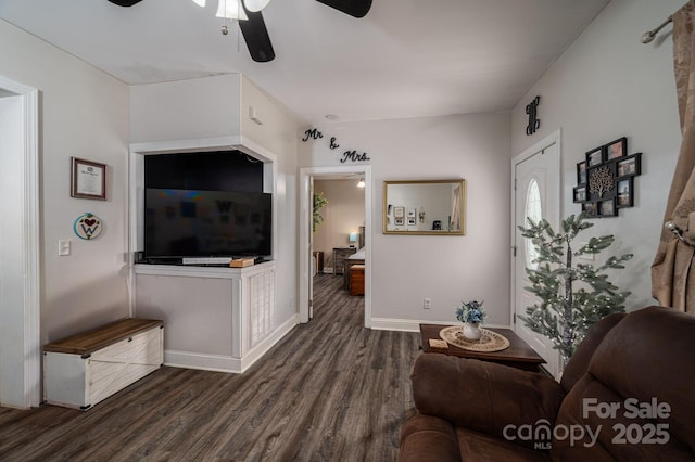 167 Brown Watterson Rd, Cherryville, NC 28021 - living room featuring a ceiling fan, dark wood-style flooring, and baseboards
