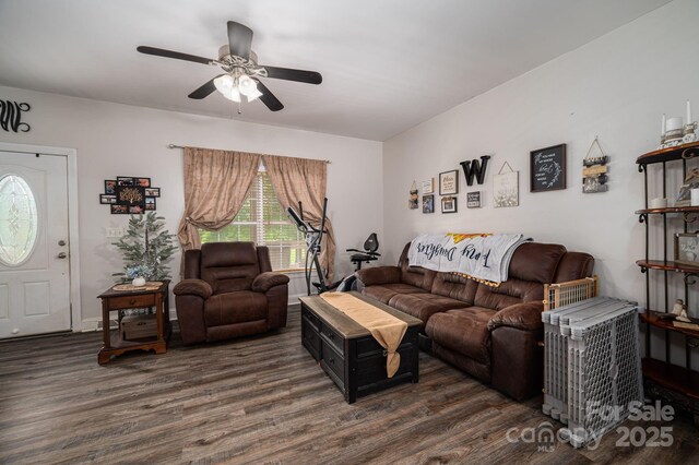 167 Brown Watterson Rd, Cherryville, NC 28021 - living room featuring dark wood-style floors and a ceiling fan