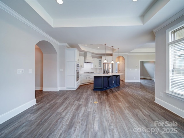 405 Newstyle Way, Gastonia, NC 28056 - kitchen featuring a raised ceiling, custom range hood, stainless steel appliances, light countertops, and arched walkways