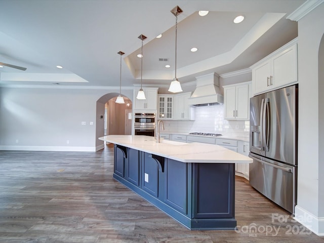405 Newstyle Way, Gastonia, NC 28056 - kitchen with stainless steel appliances, a raised ceiling, arched walkways, custom exhaust hood, and a sink