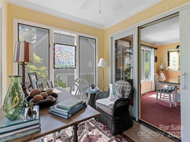 sunroom / solarium featuring a ceiling fan, crown molding, a textured ceiling, and carpet flooring