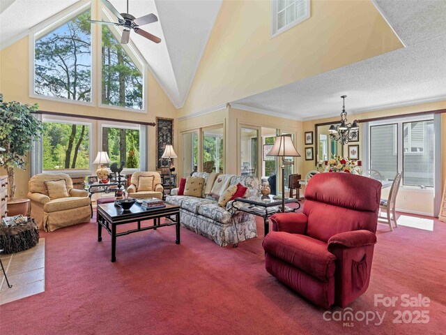 carpeted living area with a chandelier, healthy amount of natural light, high vaulted ceiling, and a ceiling fan