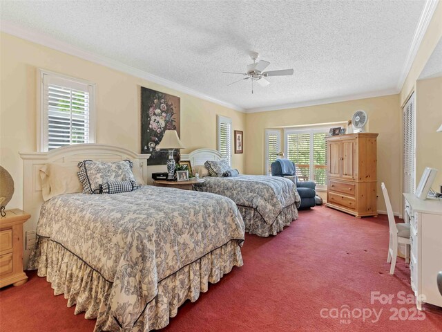 carpeted bedroom with a textured ceiling, ornamental molding, and a ceiling fan