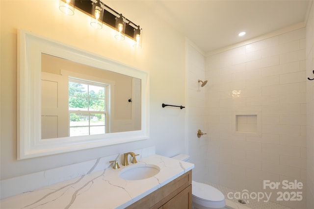 7426 Hambright Rd, Huntersville, NC 28078 - full bathroom with vanity, toilet, tiled shower, and recessed lighting