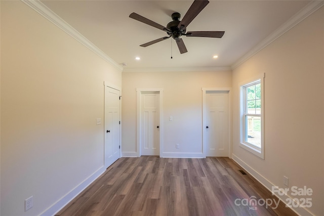 7426 Hambright Rd, Huntersville, NC 28078 - unfurnished bedroom featuring dark wood-style floors, ornamental molding, baseboards, recessed lighting, and a ceiling fan