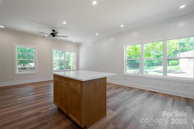 7426 Hambright Rd, Huntersville, NC 28078 - kitchen with crown molding, ceiling fan, dark wood-type flooring, baseboards, and light countertops