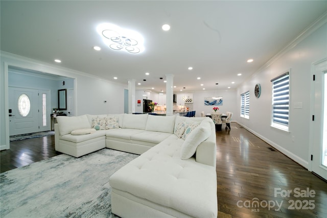 living room with ornamental molding, dark wood-style flooring, recessed lighting, and baseboards