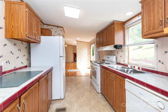 283 Grandview Dr Unit 1, Marshall, NC 28753 - kitchen featuring white appliances, a sink, wallpapered walls, ceiling fan, and under cabinet range hood