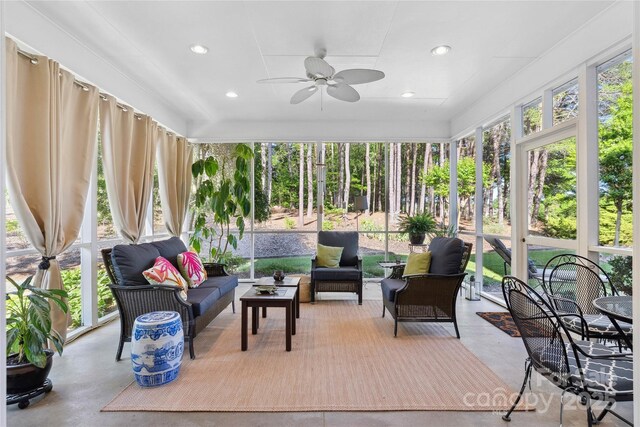 216 Saint Andrews Blvd, Campobello, SC 29322 - sunroom / solarium with outdoor lounge area, ceiling fan, concrete floors, and recessed lighting
