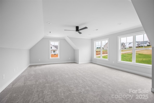 149 Beauchamp Oaks Ct, Advance, NC 27006 - additional living space featuring plenty of natural light, carpet floors, baseboards, lofted ceiling, and a ceiling fan