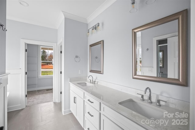 149 Beauchamp Oaks Ct, Advance, NC 27006 - full bathroom featuring ornamental molding, double vanity, and baseboards