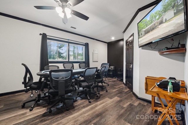 1917 Tom Sadler Rd, Charlotte, NC 28214 - home office with ornamental molding, dark wood finished floors, and ceiling fan