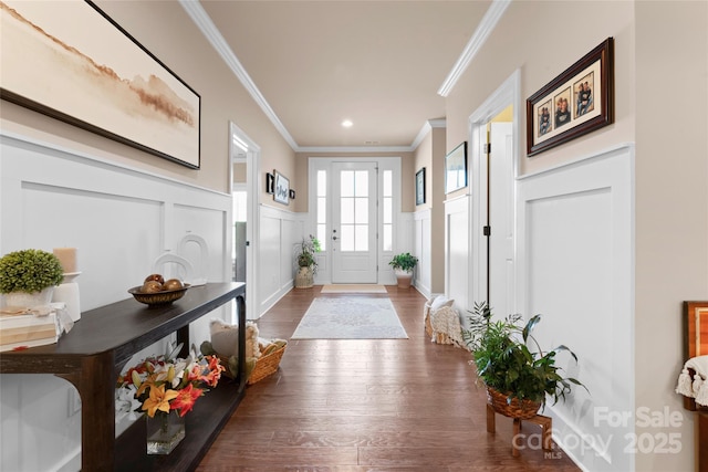 entryway featuring a decorative wall, crown molding, dark wood-type flooring, and wainscoting