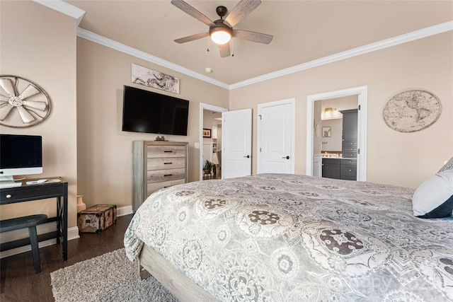 bedroom featuring dark wood finished floors, ornamental molding, baseboards, ensuite bathroom, and ceiling fan