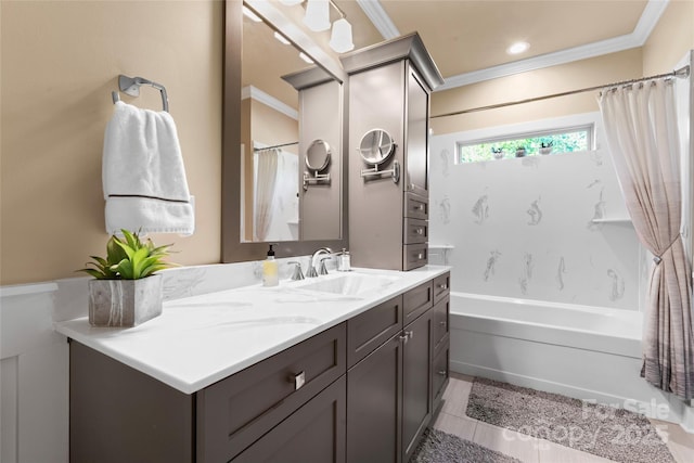 full bathroom featuring ornamental molding, vanity, and shower / tub combo with curtain