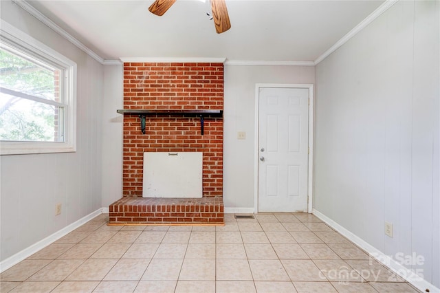 619 E Sanders Rd, Shelby, NC 28150 - unfurnished living room featuring a ceiling fan, crown molding, tile patterned floors, and baseboards